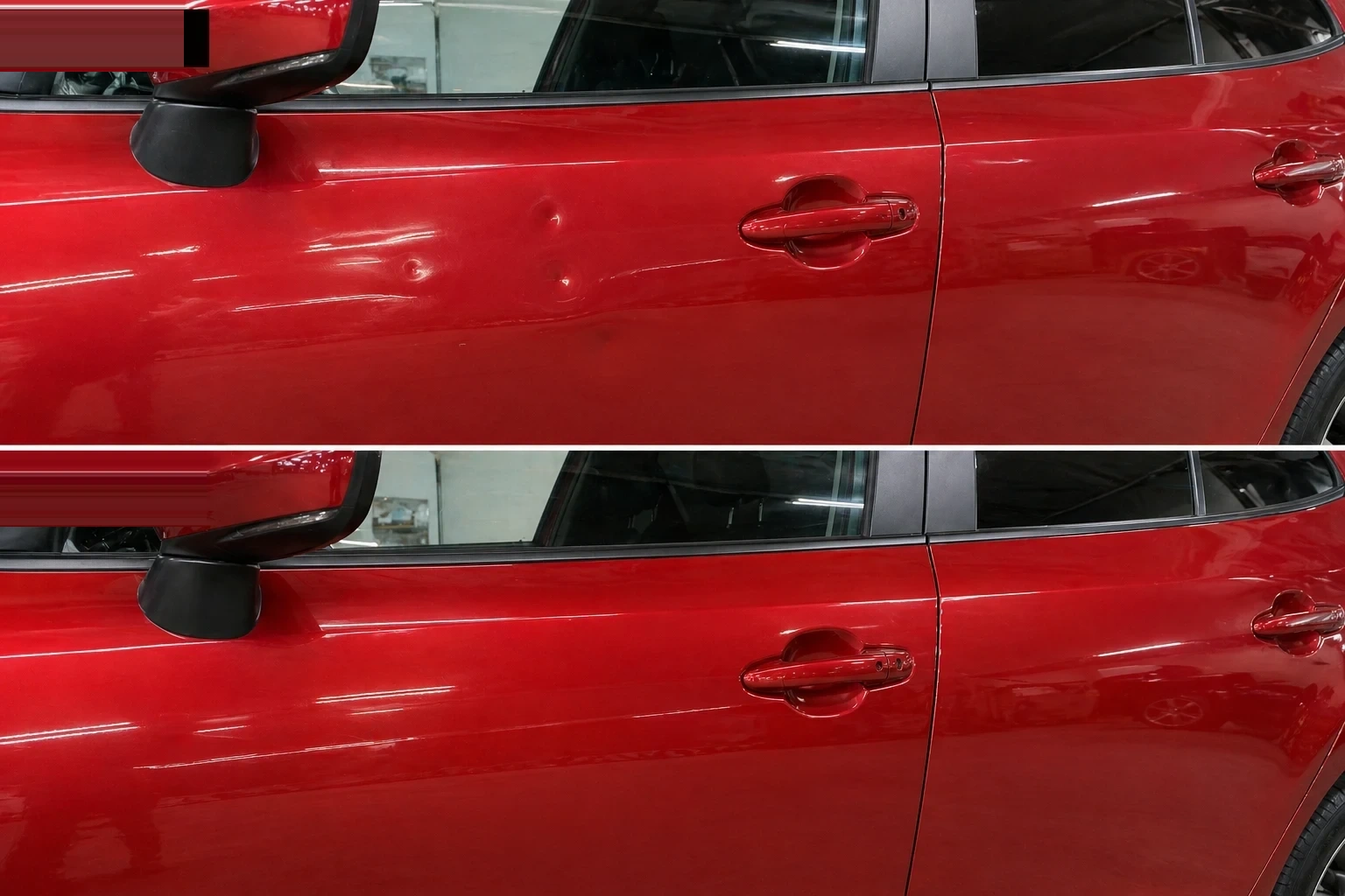 Before and after paintless dent removal on red Mazda CX-5 door — dent completely removed